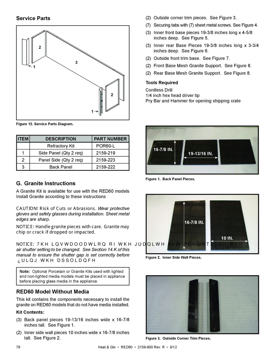 Heat & Glo LifeStyle RED60 2159-900 manual Granite Instructions, Back Panel Pieces 