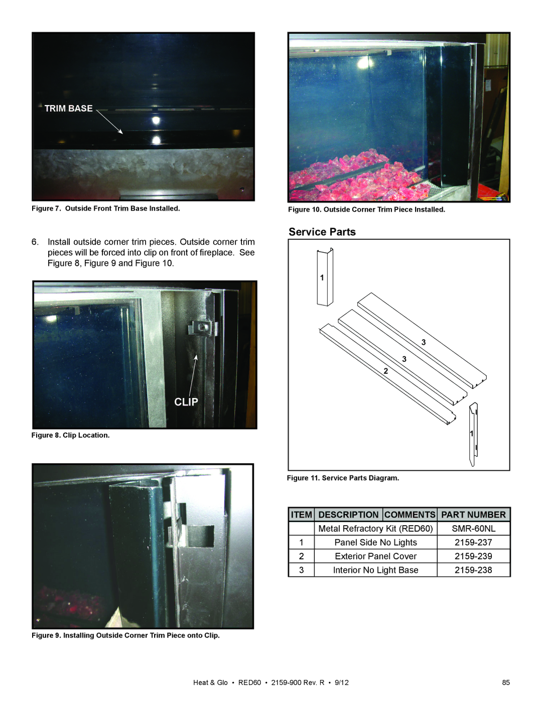 Heat & Glo LifeStyle RED60 2159-900 manual Item Description Comments Part Number, SMR-60NL 