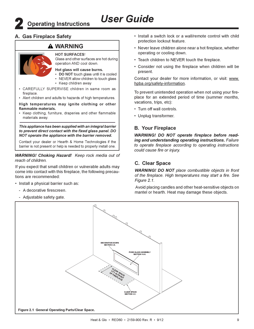 Heat & Glo LifeStyle RED60 2159-900 Operating Instructions User Guide, Gas Fireplace Safety, Your Fireplace Clear Space 