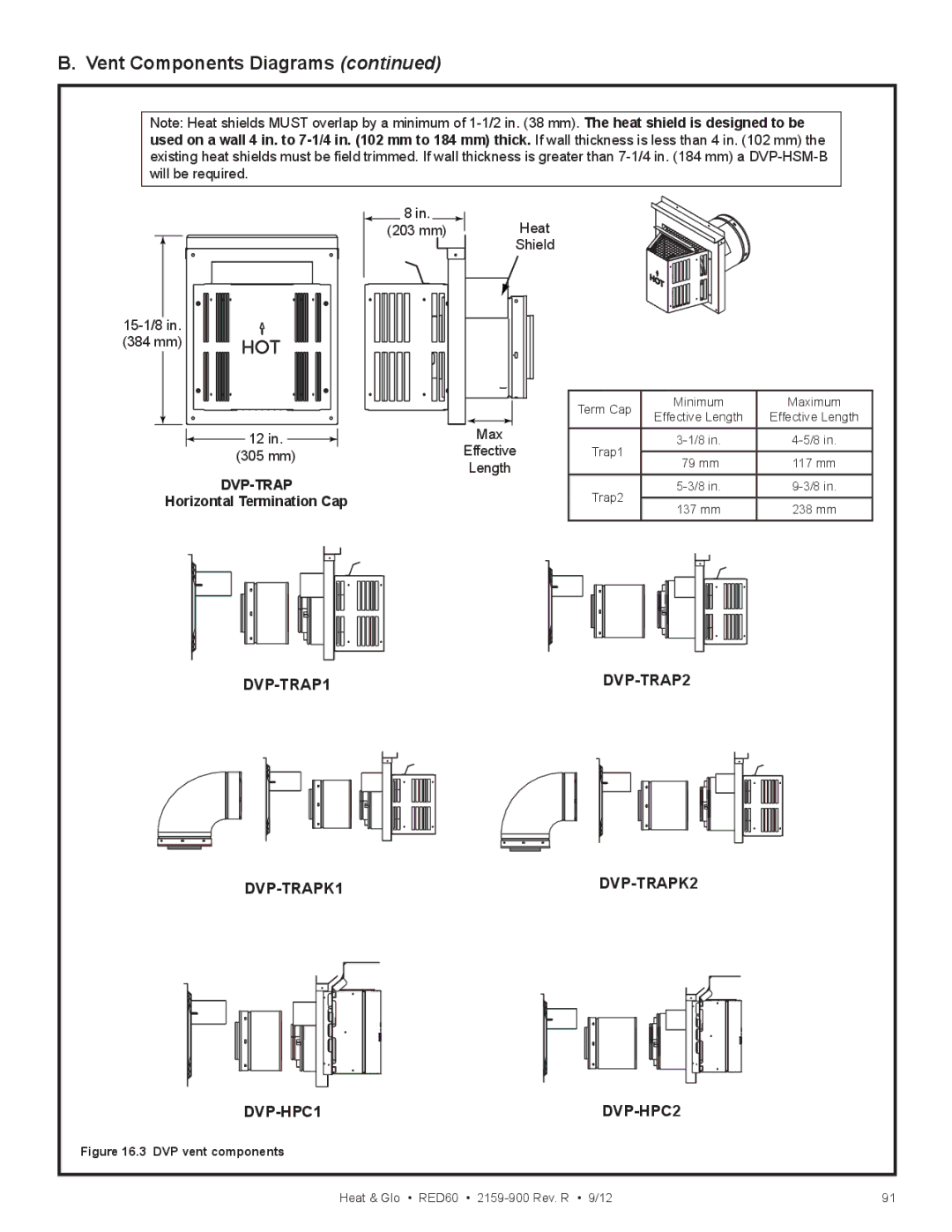 Heat & Glo LifeStyle RED60 2159-900 manual DVP-TRAP1 DVP-TRAP2 DVP-TRAPK1 DVP-TRAPK2 DVP-HPC1 DVP-HPC2, DVP vent components 