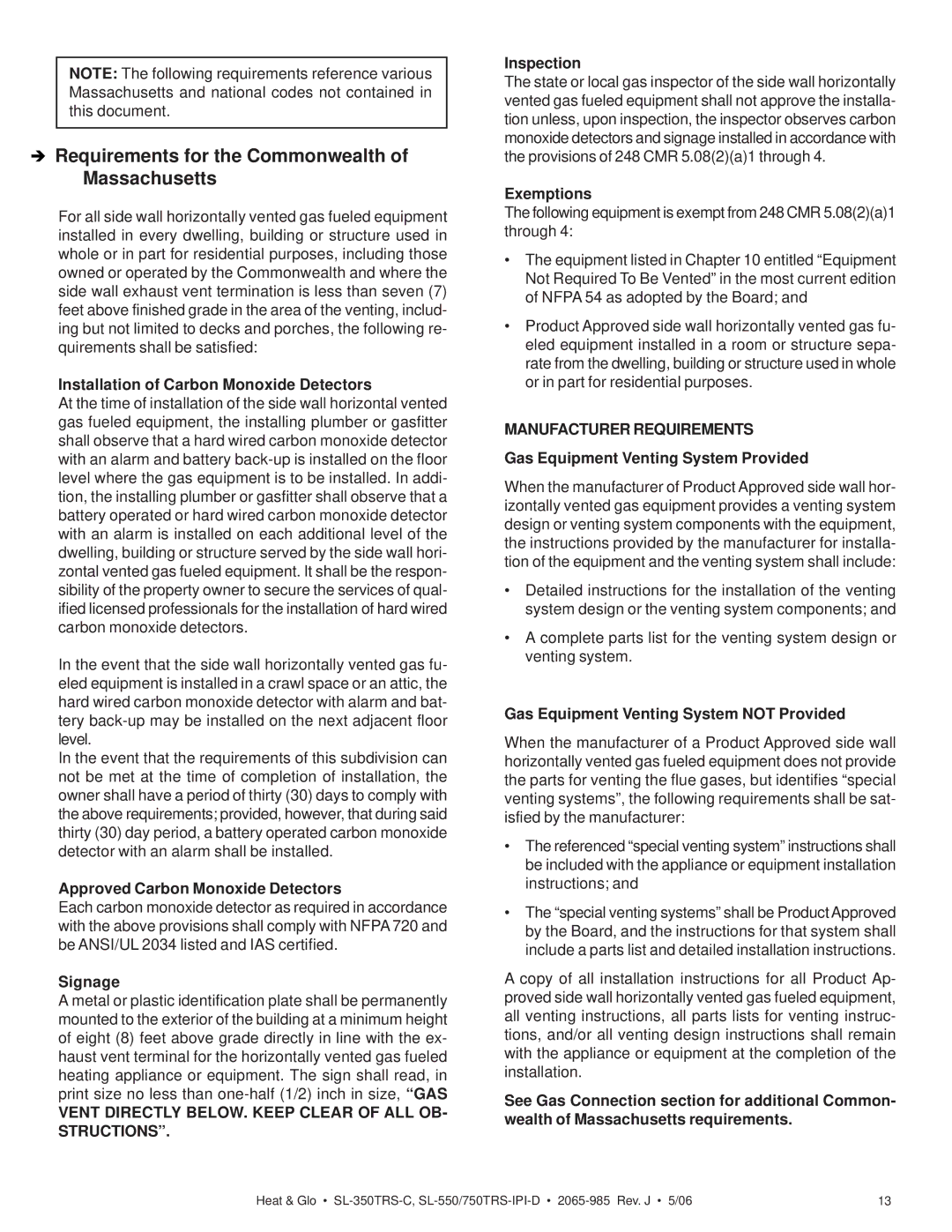 Heat & Glo LifeStyle SL-750TRS-IPI-D Requirements for the Commonwealth of Massachusetts, Manufacturer Requirements 