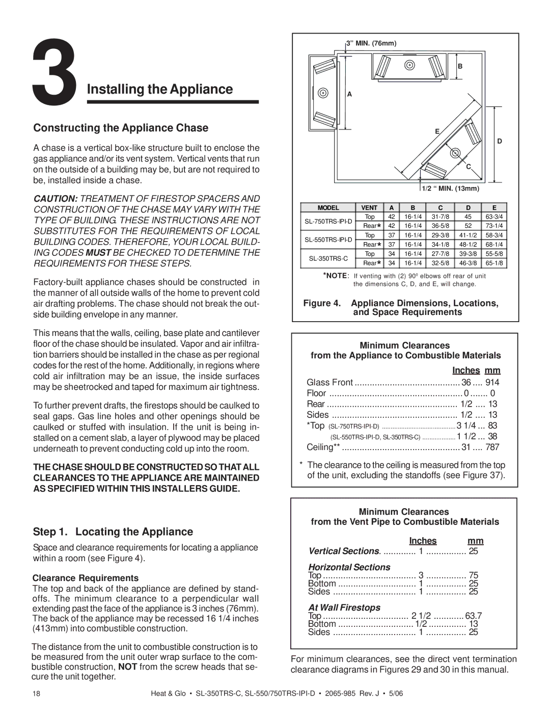 Heat & Glo LifeStyle SL-750TRS-IPI-D Constructing the Appliance Chase, Locating the Appliance, Clearance Requirements 