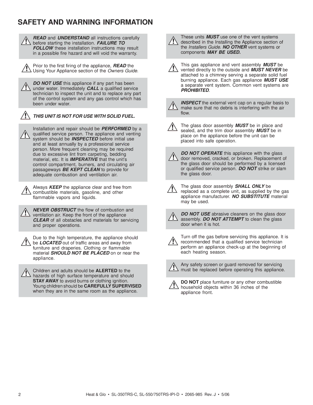 Heat & Glo LifeStyle SL-750TRS-IPI-D owner manual Safety and Warning Information 