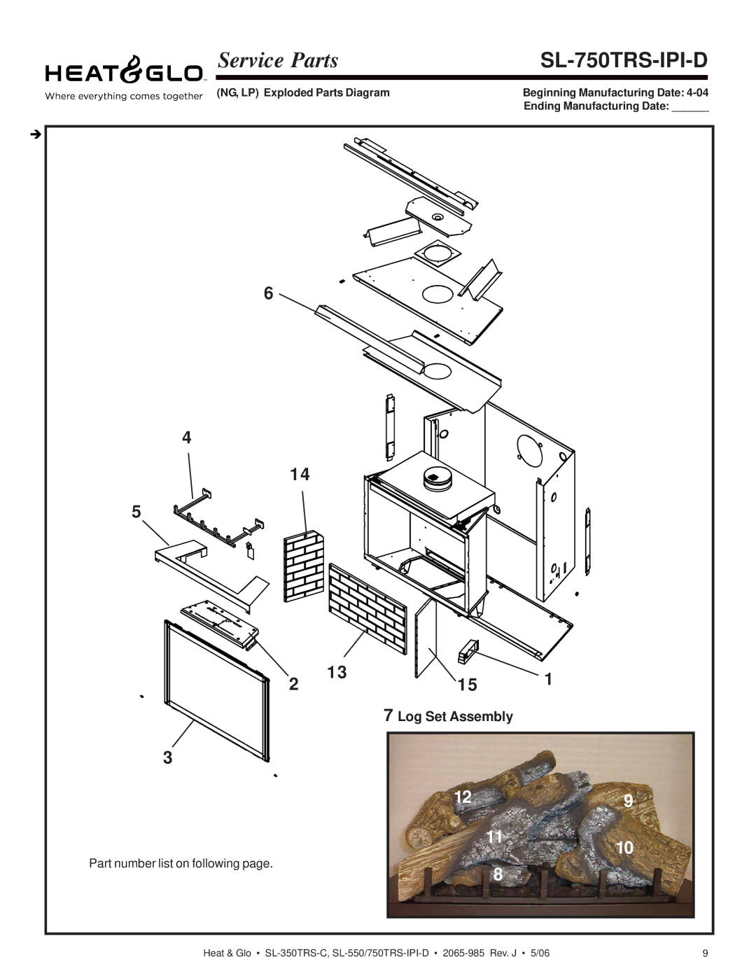 Heat & Glo LifeStyle SL-750TRS-IPI-D owner manual Log Set Assembly, Part number list on following 