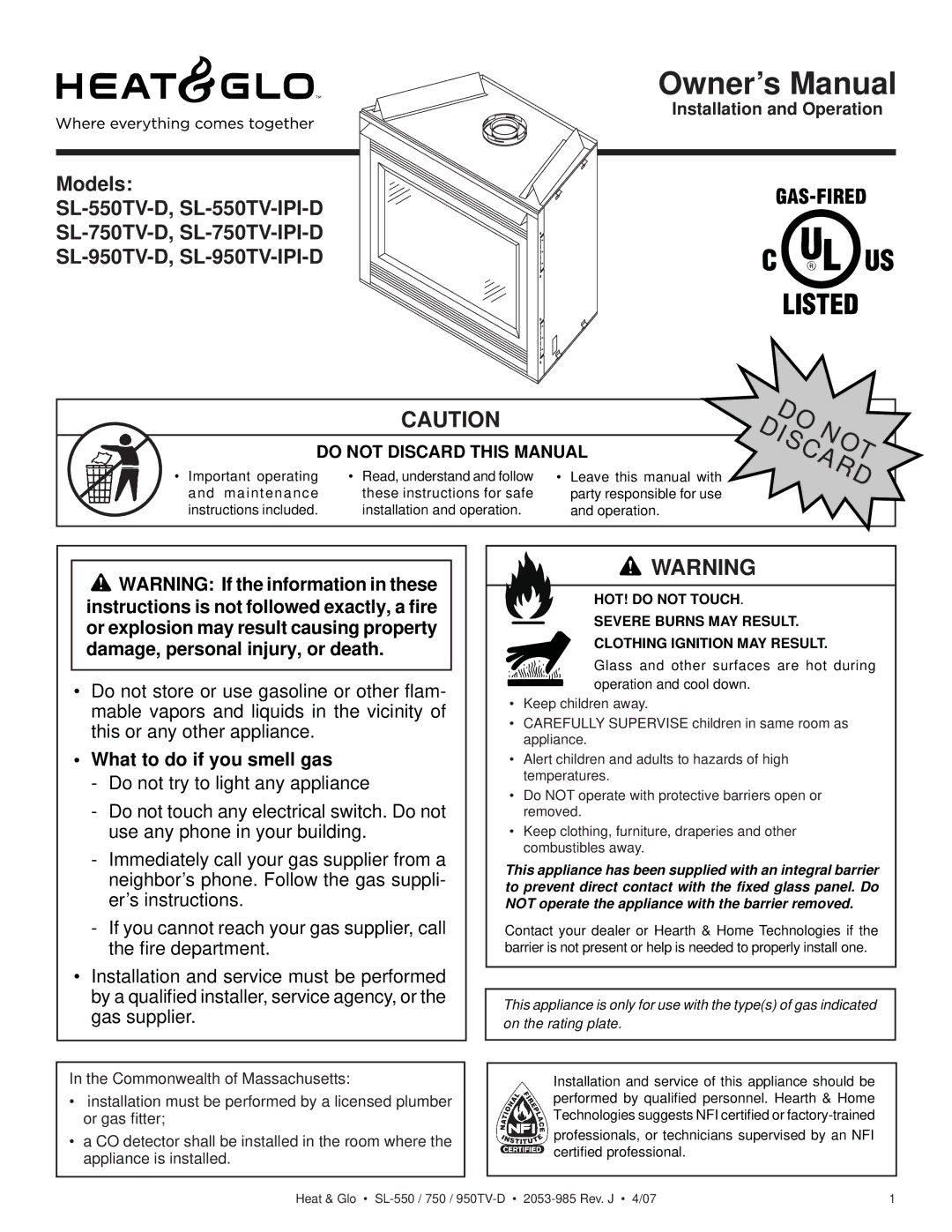 Heat & Glo LifeStyle SL-950TV-D, SL-950TV-IPI-D, SL-750TV-IPI-D, SL-550TV-IPI-D owner manual What to do if you smell gas 