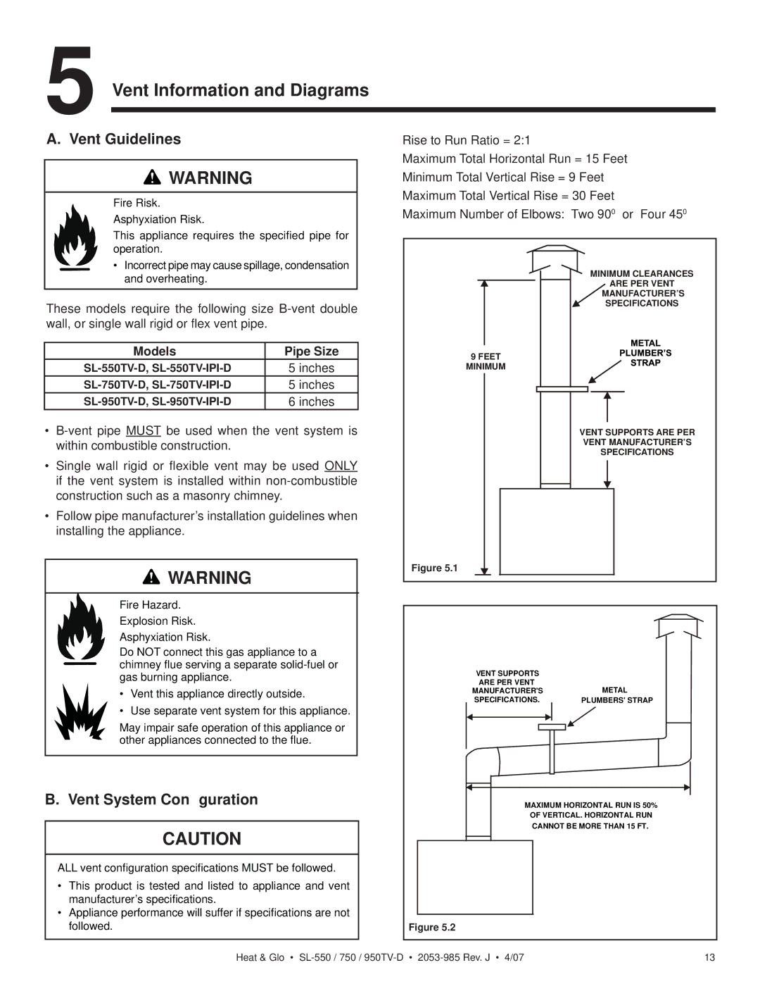 Heat & Glo LifeStyle SL-950TV-D, SL-950TV-IPI-D Vent Information and Diagrams, Vent Guidelines, Vent System Conﬁguration 