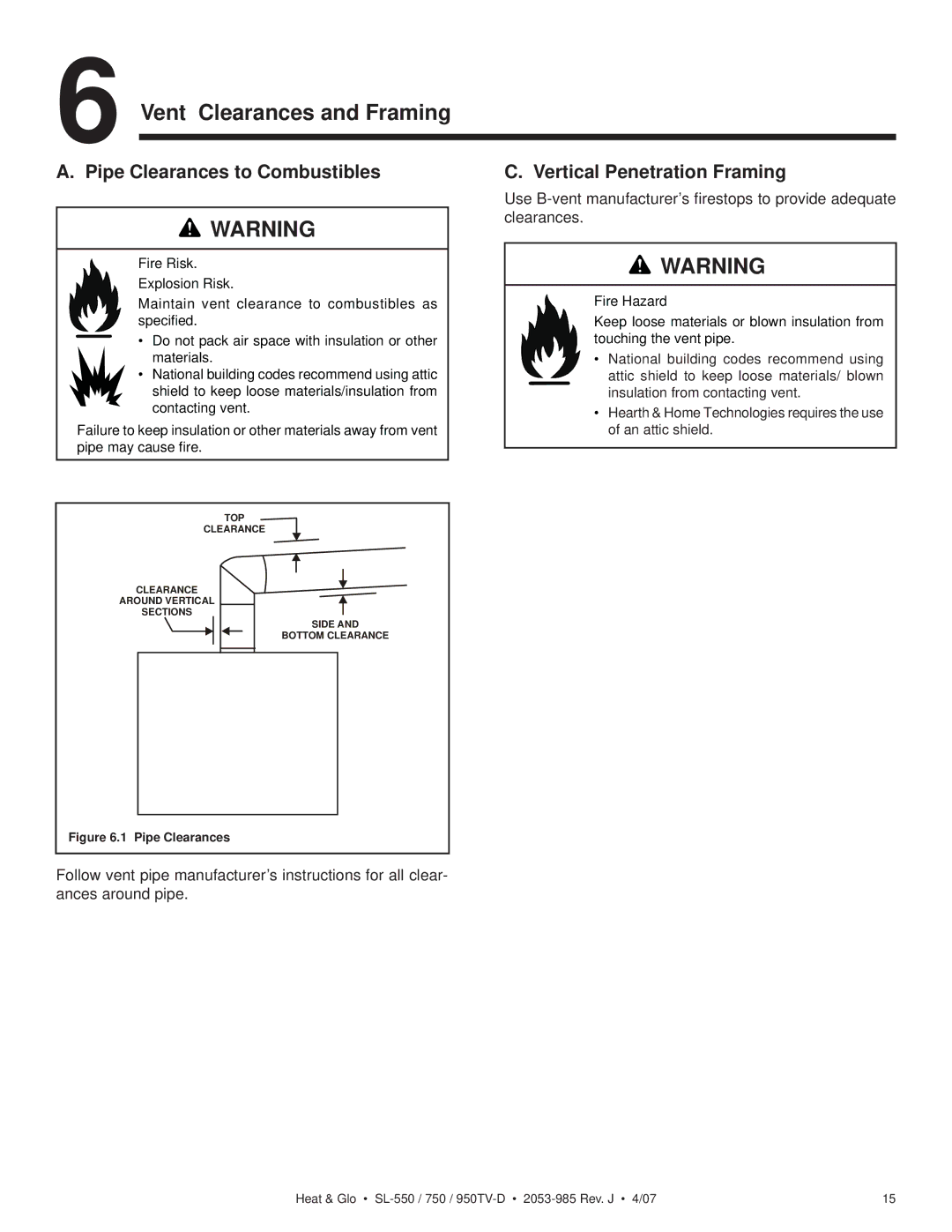 Heat & Glo LifeStyle SL-550TV-IPI-D, SL-950TV-IPI-D Vent Clearances and Framing, Pipe Clearances to Combustibles 