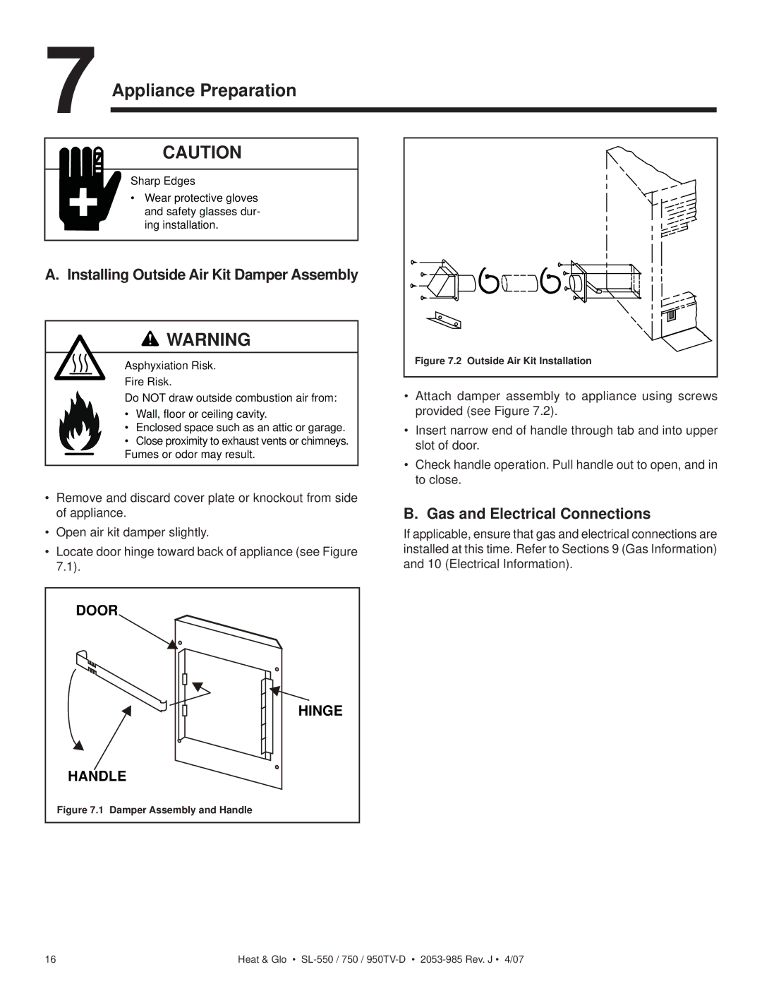 Heat & Glo LifeStyle SL-550TV-D, SL-950TV-IPI-D Appliance Preparation, Installing Outside Air Kit Damper Assembly 