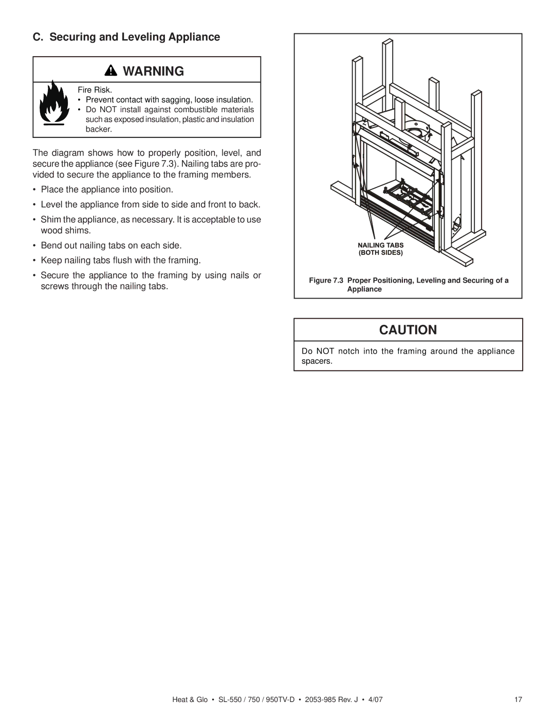 Heat & Glo LifeStyle SL-750TV-D Securing and Leveling Appliance, Proper Positioning, Leveling and Securing of a 