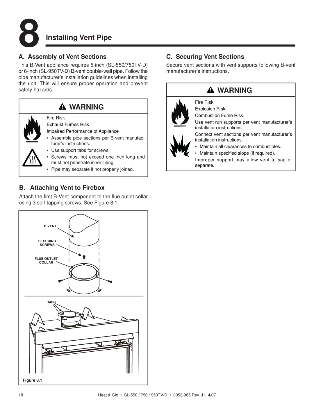 Heat & Glo LifeStyle SL-950TV-IPI-D, SL-950TV-D Installing Vent Pipe, Assembly of Vent Sections, Securing Vent Sections 