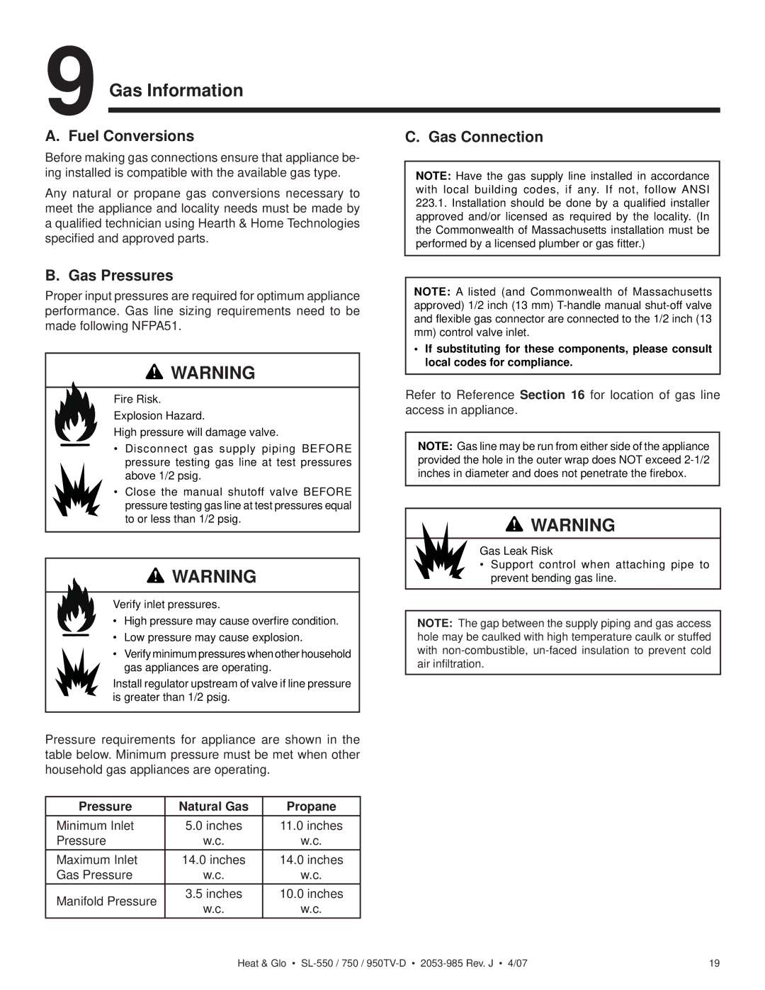 Heat & Glo LifeStyle SL-950TV-D, SL-950TV-IPI-D, SL-550TV-D Gas Information, Fuel Conversions Gas Connection, Gas Pressures 