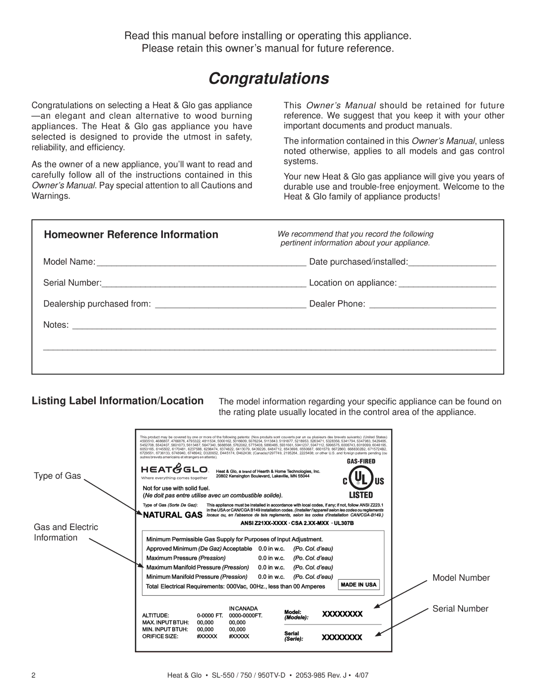 Heat & Glo LifeStyle SL-750TV-IPI-D, SL-950TV-IPI-D, SL-950TV-D, SL-550TV-D Congratulations, Homeowner Reference Information 