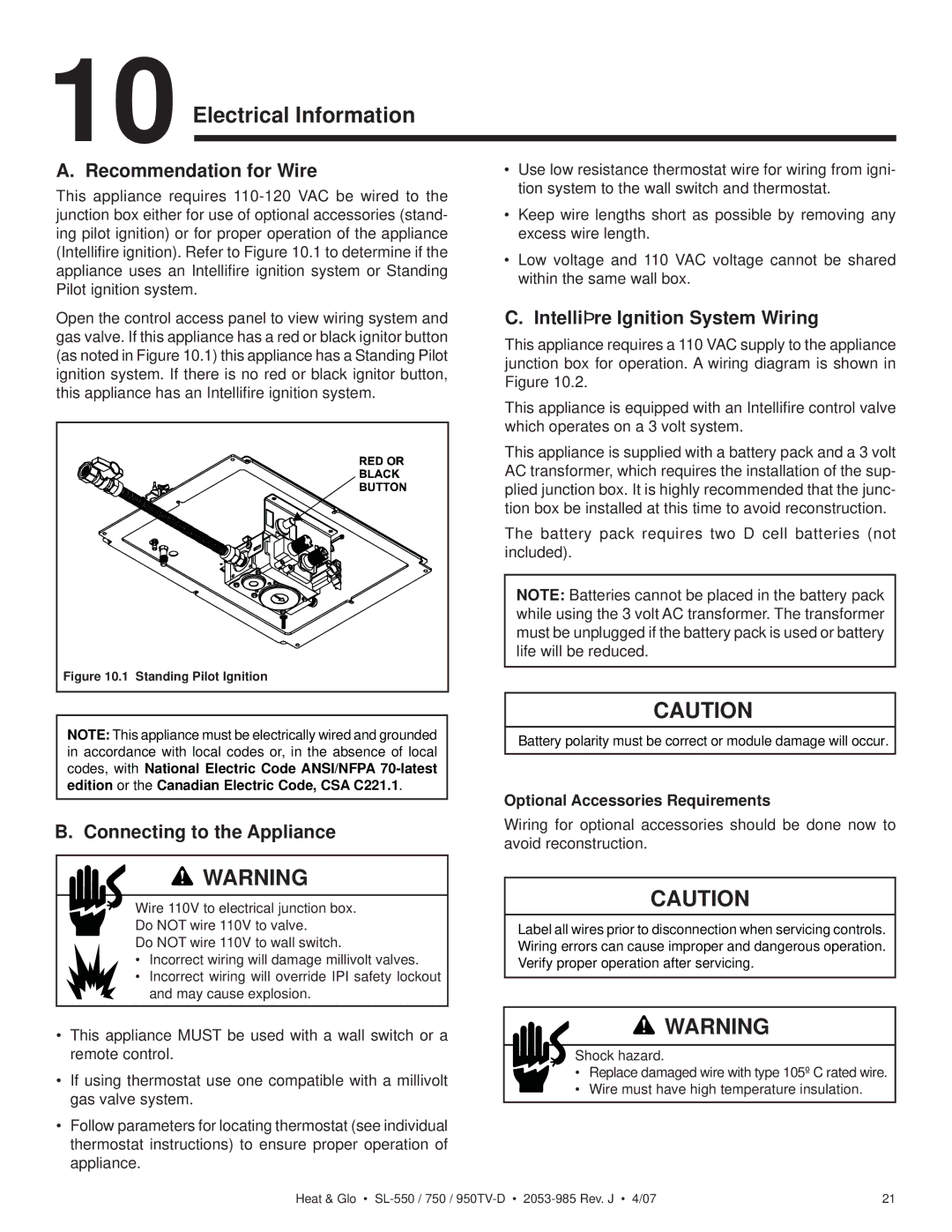 Heat & Glo LifeStyle SL-550TV-IPI-D Electrical Information, Recommendation for Wire, Connecting to the Appliance 