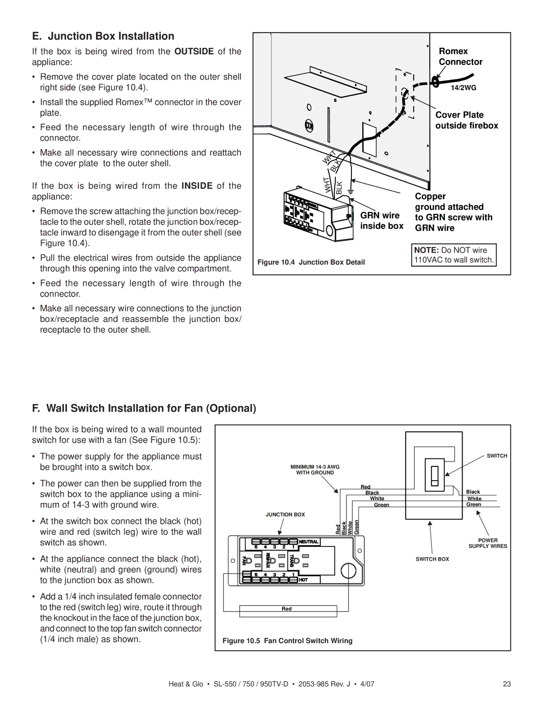 Heat & Glo LifeStyle SL-750TV-D, SL-950TV-IPI-D Junction Box Installation, Wall Switch Installation for Fan Optional 