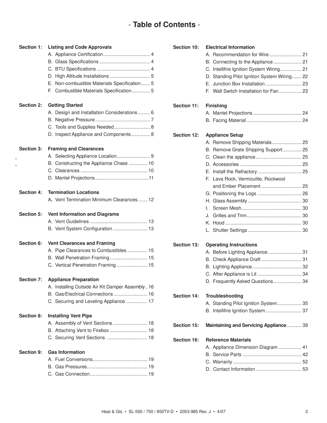 Heat & Glo LifeStyle SL-550TV-IPI-D, SL-950TV-IPI-D, SL-950TV-D, SL-750TV-IPI-D, SL-550TV-D, SL-750TV-D Table of Contents 