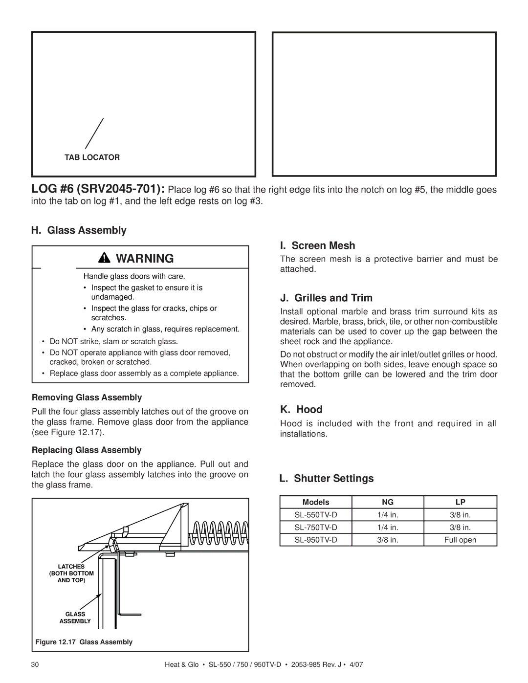 Heat & Glo LifeStyle SL-950TV-IPI-D, SL-950TV-D Glass Assembly, Screen Mesh, Grilles and Trim, Hood, Shutter Settings 