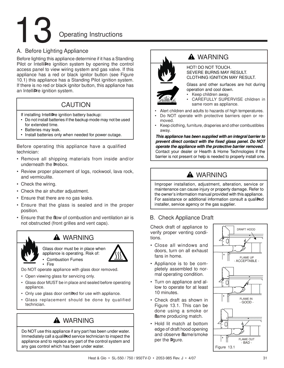 Heat & Glo LifeStyle SL-950TV-D, SL-950TV-IPI-D Operating Instructions, Before Lighting Appliance, Check Appliance Draft 