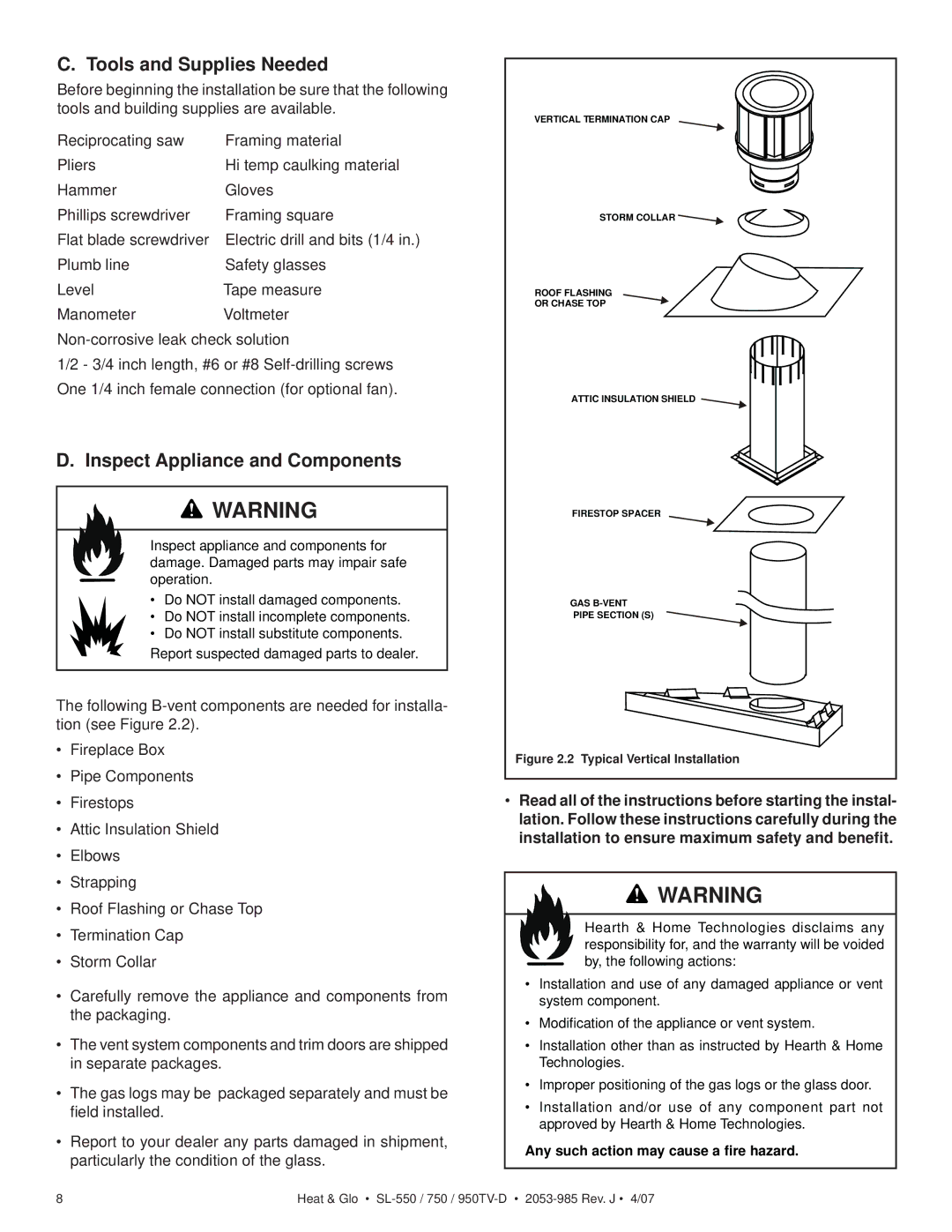 Heat & Glo LifeStyle SL-750TV-IPI-D, SL-950TV-IPI-D, SL-950TV-D Tools and Supplies Needed, Inspect Appliance and Components 