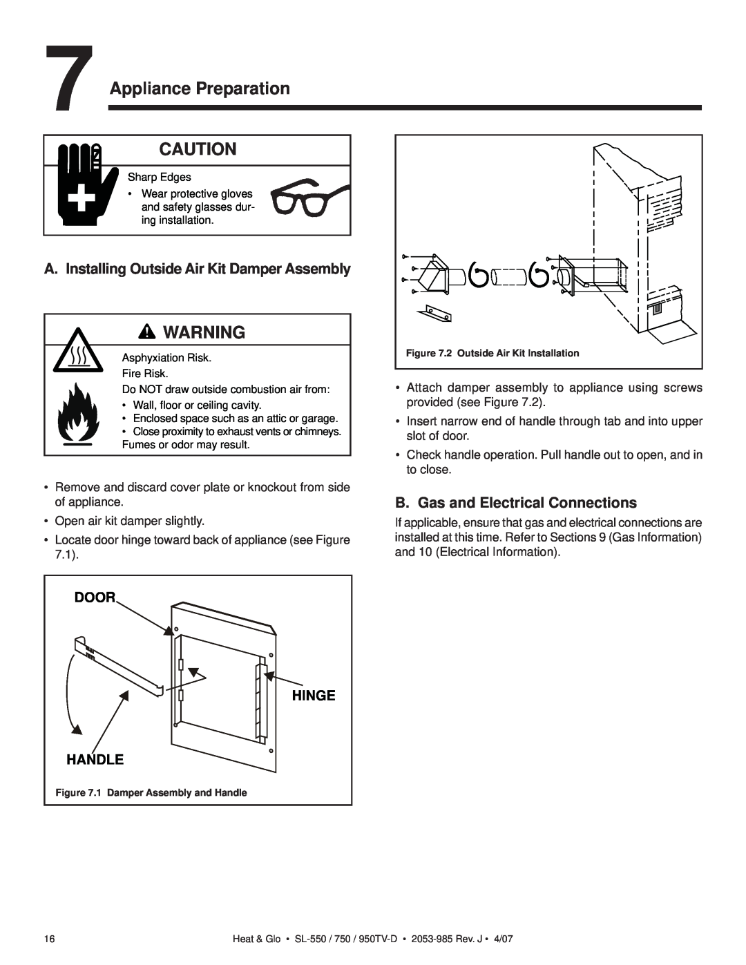 Heat & Glo LifeStyle SL-550TV-D Appliance Preparation, A. Installing Outside Air Kit Damper Assembly, Hinge, Handle, Door 
