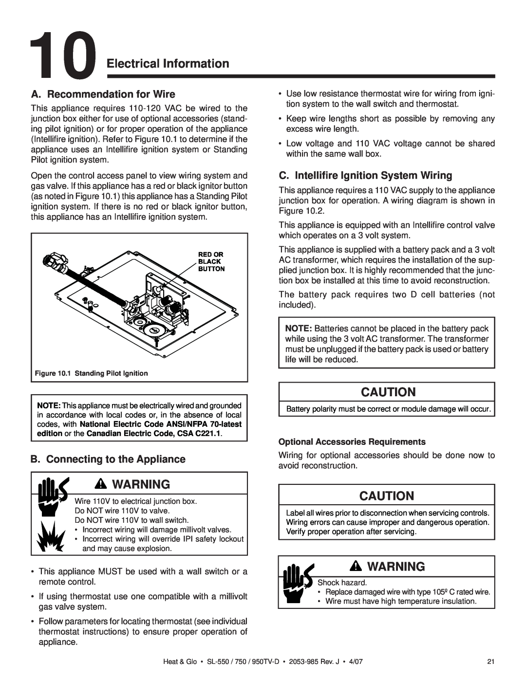 Heat & Glo LifeStyle SL-550TV-IPI-D Electrical Information, A. Recommendation for Wire, B. Connecting to the Appliance 