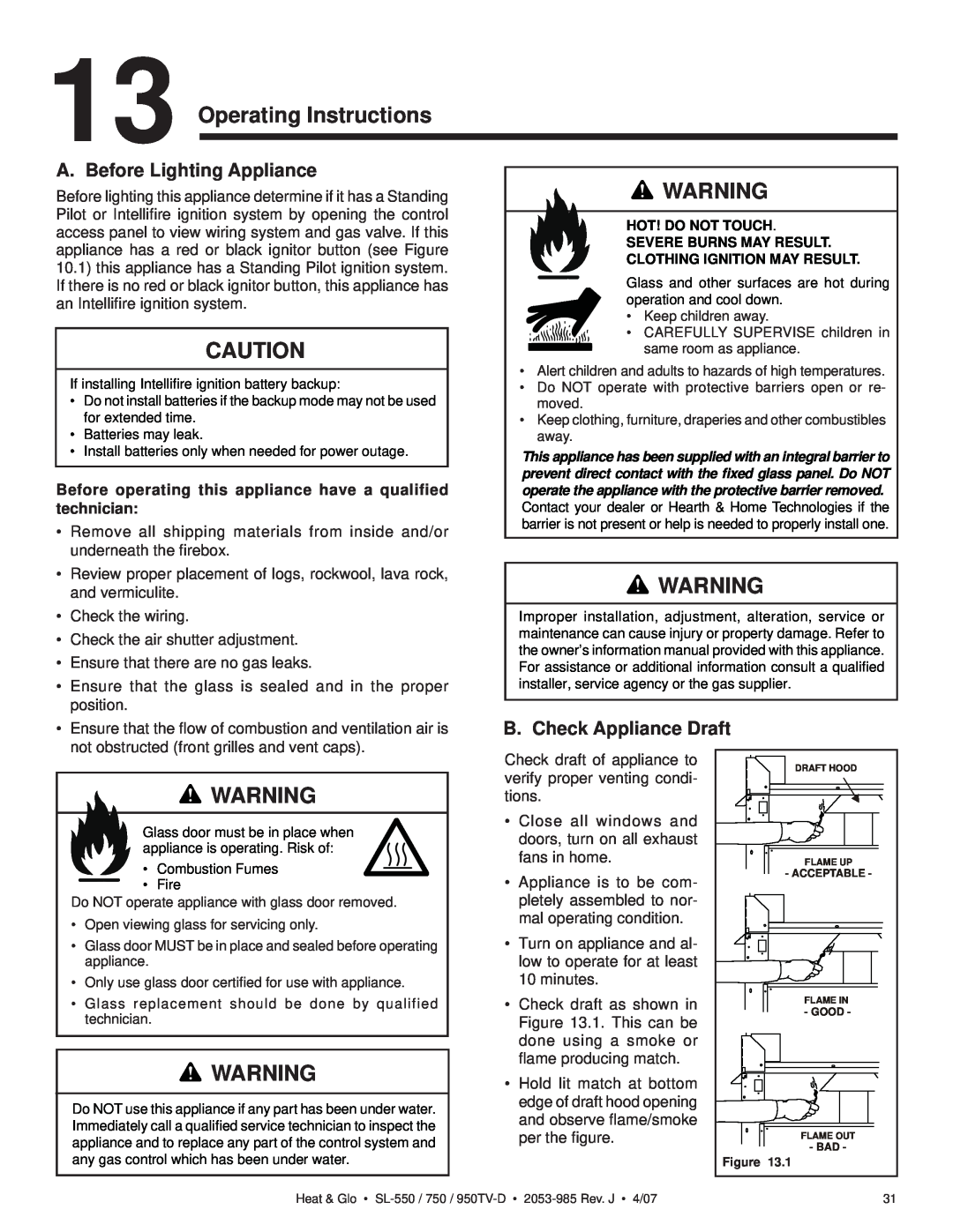 Heat & Glo LifeStyle SL-950TV-D, SL-550TV-D Operating Instructions, A. Before Lighting Appliance, B. Check Appliance Draft 
