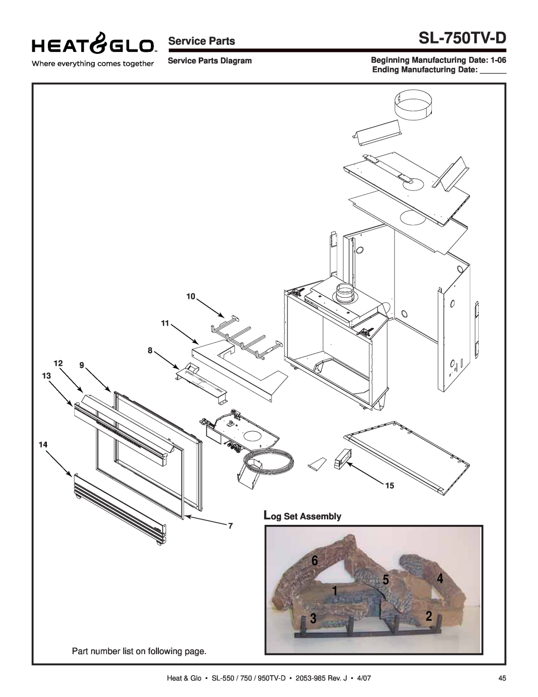 Heat & Glo LifeStyle SL-550TV-IPI-D SL-750TV-D, Log Set Assembly, Service Parts Diagram, Beginning Manufacturing Date 