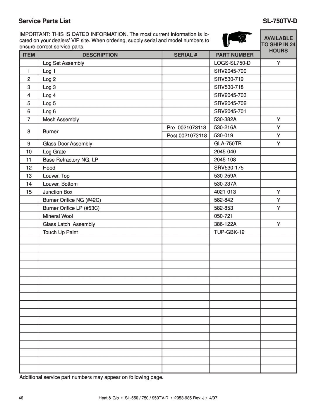 Heat & Glo LifeStyle SL-550TV-D Service Parts List, SL-750TV-D, Available, To Ship In, Hours, Item, Description, Serial # 