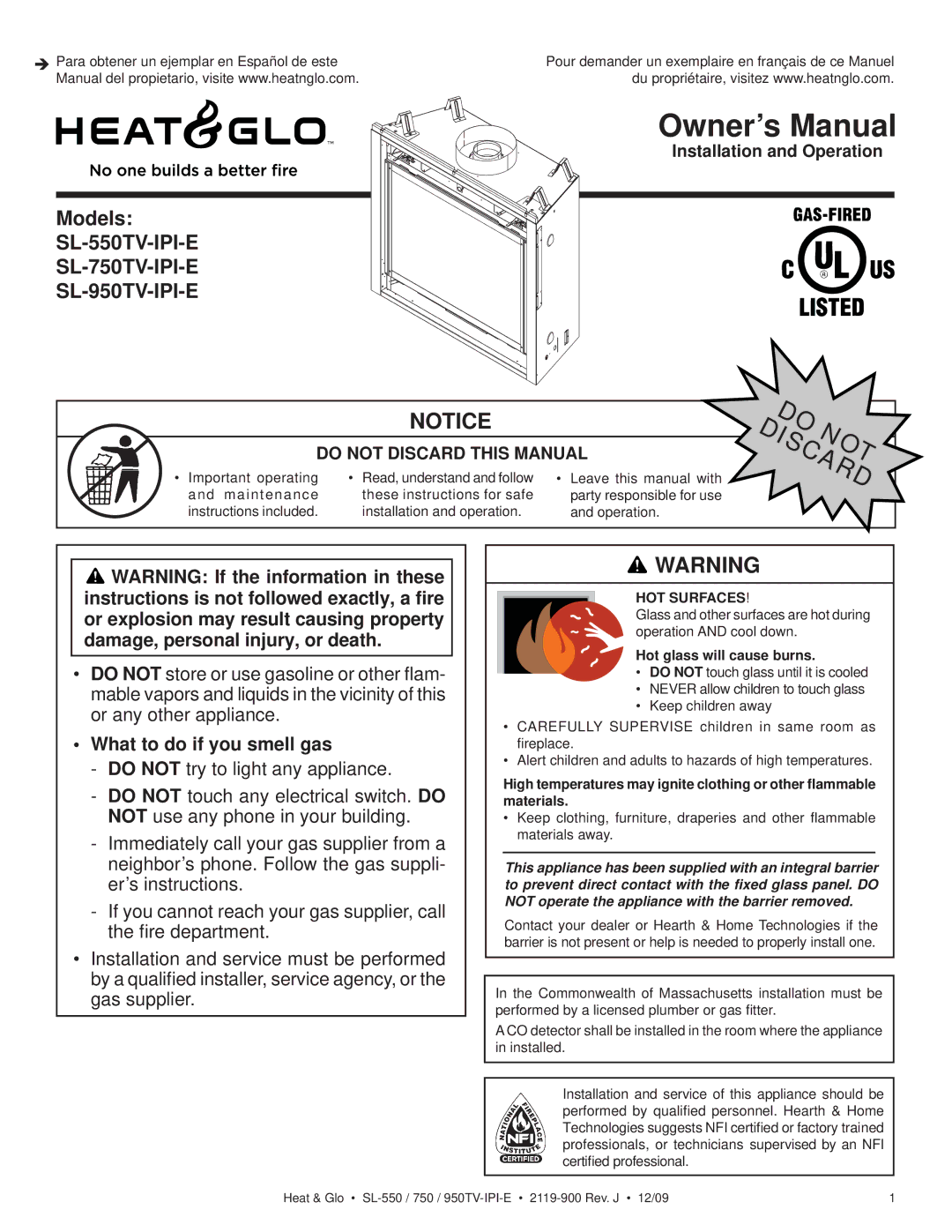 Heat & Glo LifeStyle owner manual SL-550TV-IPI-E SL-750TV-IPI-E SL-950TV-IPI-E, What to do if you smell gas 