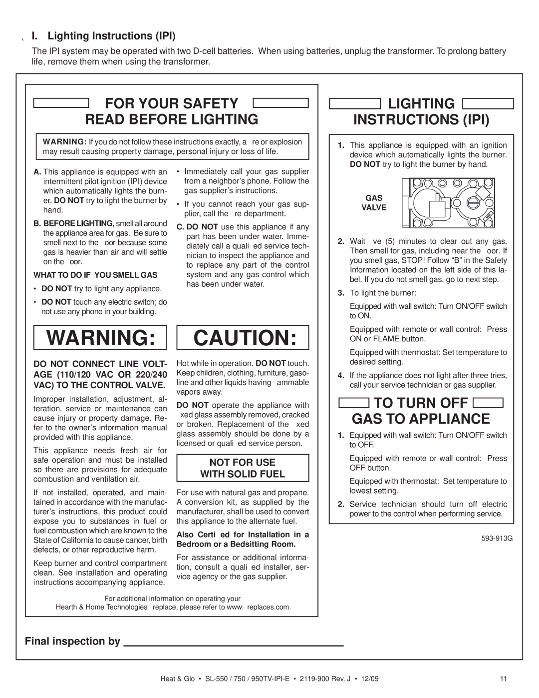 Heat & Glo LifeStyle SL-550TV-IPI-E, SL-950TV-IPI-E, SL-750TV-IPI-E Lighting Instructions IPI, Final inspection by 