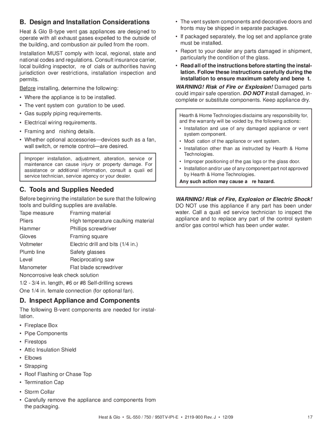 Heat & Glo LifeStyle SL-550TV-IPI-E, SL-950TV-IPI-E Design and Installation Considerations, Tools and Supplies Needed 