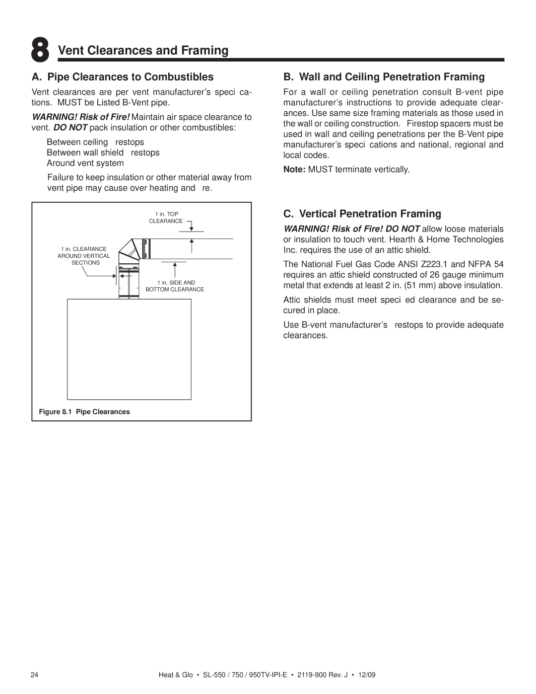 Heat & Glo LifeStyle SL-950TV-IPI-E, SL-750TV-IPI-E Vent Clearances and Framing, Pipe Clearances to Combustibles 