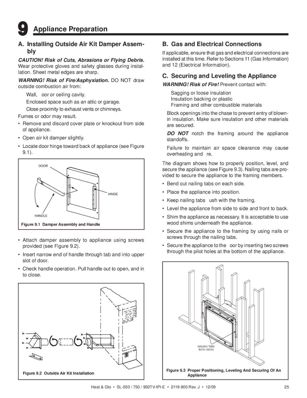 Heat & Glo LifeStyle SL-750TV-IPI-E, SL-950TV-IPI-E Appliance Preparation, Installing Outside Air Kit Damper Assem- bly 