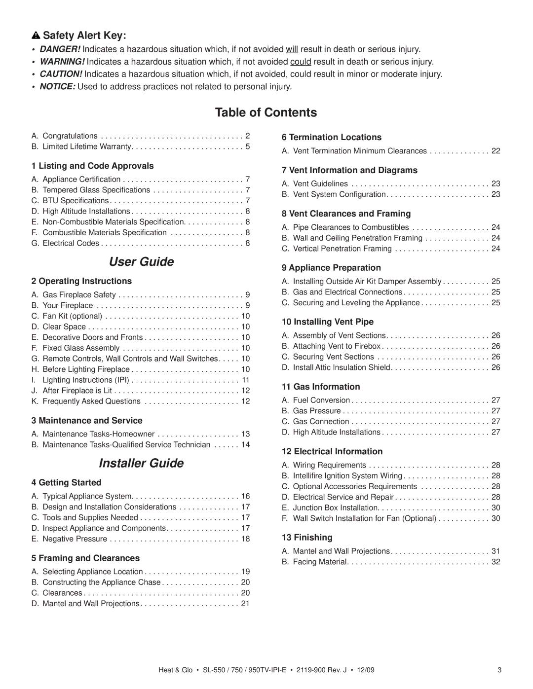 Heat & Glo LifeStyle SL-950TV-IPI-E, SL-750TV-IPI-E, SL-550TV-IPI-E owner manual Table of Contents, User Guide 