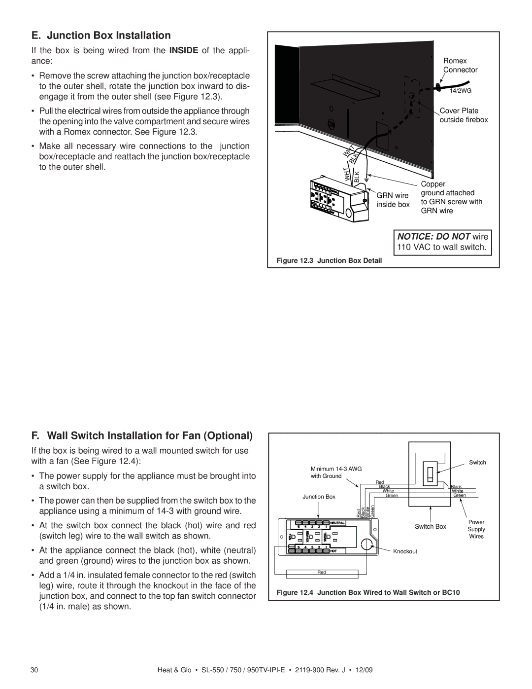 Heat & Glo LifeStyle SL-950TV-IPI-E, SL-750TV-IPI-E Junction Box Installation, Wall Switch Installation for Fan Optional 