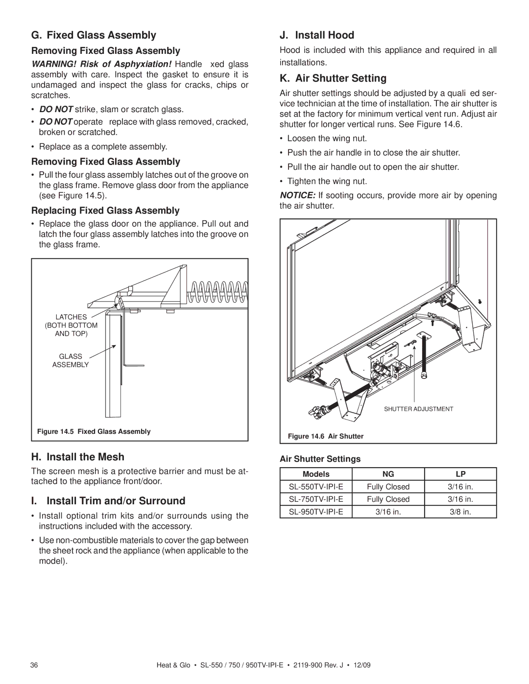 Heat & Glo LifeStyle SL-950TV-IPI-E Install the Mesh, Install Trim and/or Surround, Install Hood, Air Shutter Setting 