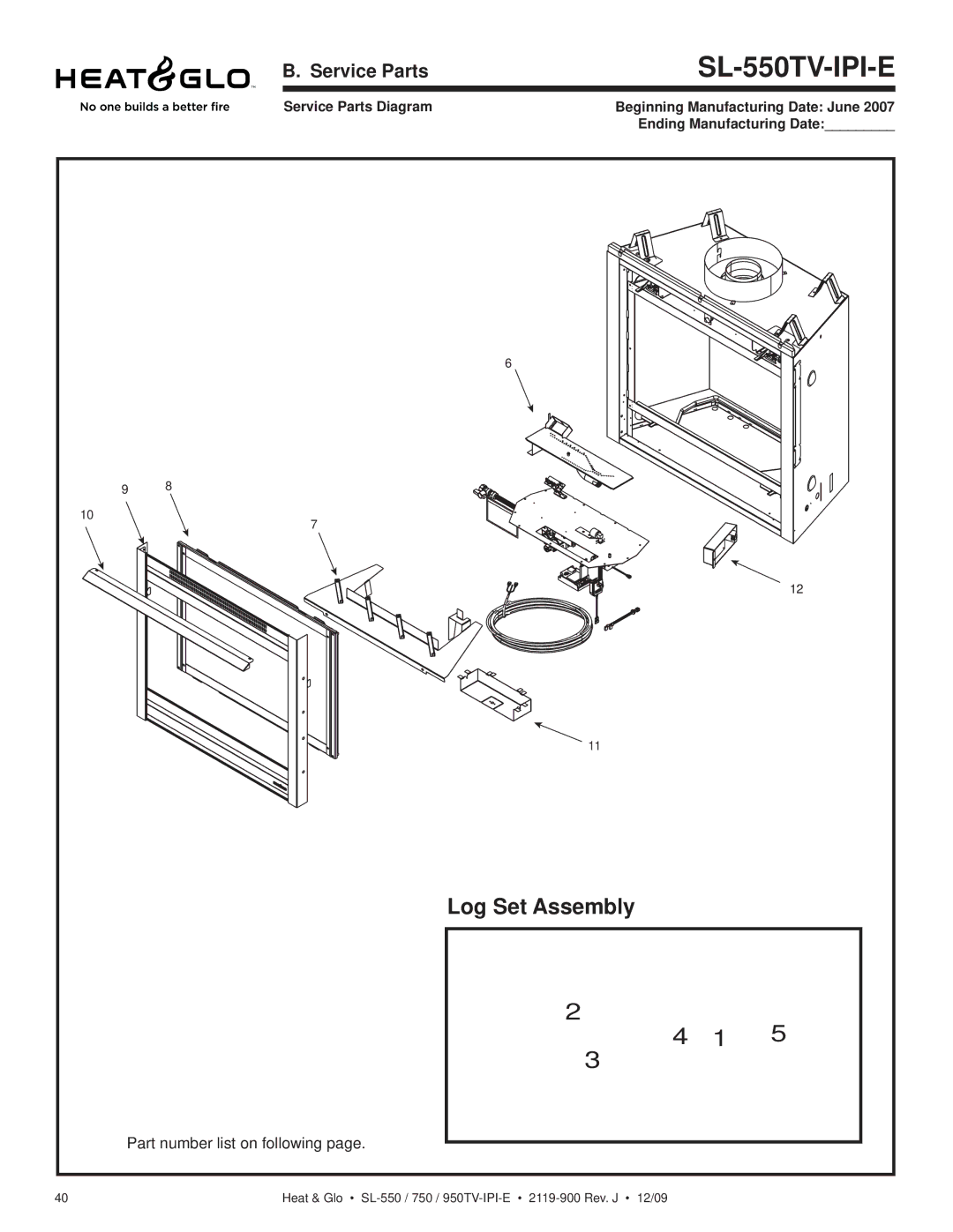 Heat & Glo LifeStyle SL-750TV-IPI-E, SL-950TV-IPI-E, SL-550TV-IPI-E owner manual Log Set Assembly, Service Parts 