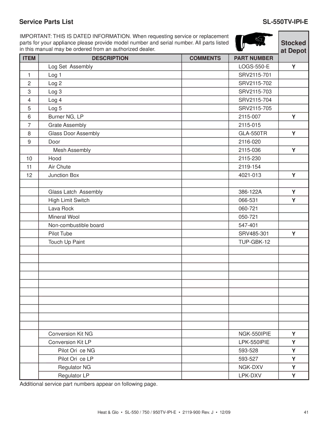 Heat & Glo LifeStyle SL-550TV-IPI-E, SL-950TV-IPI-E, SL-750TV-IPI-E owner manual Service Parts List, At Depot 