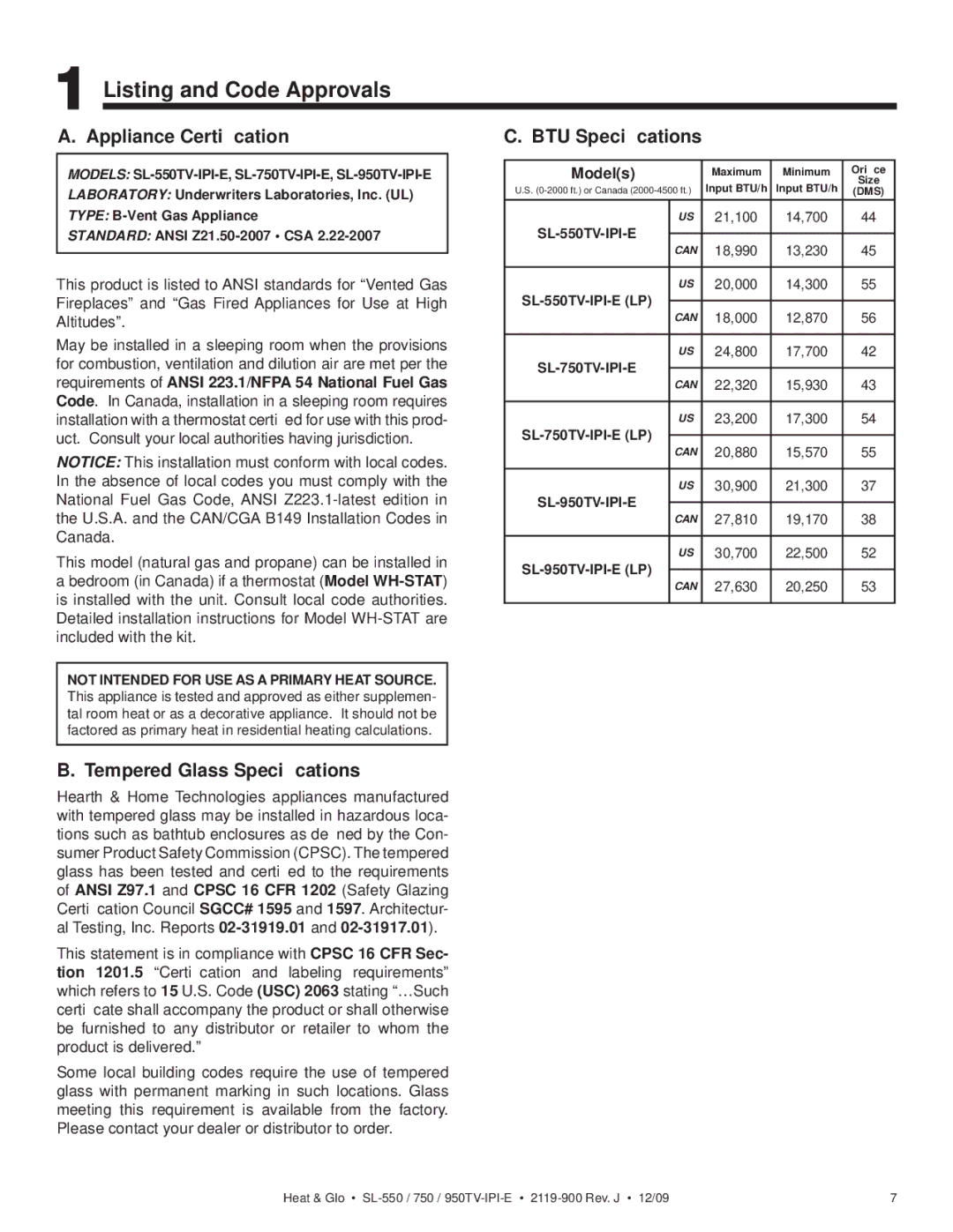 Heat & Glo LifeStyle SL-750TV-IPI-E Listing and Code Approvals, Appliance Certiﬁcation, Tempered Glass Speciﬁcations 