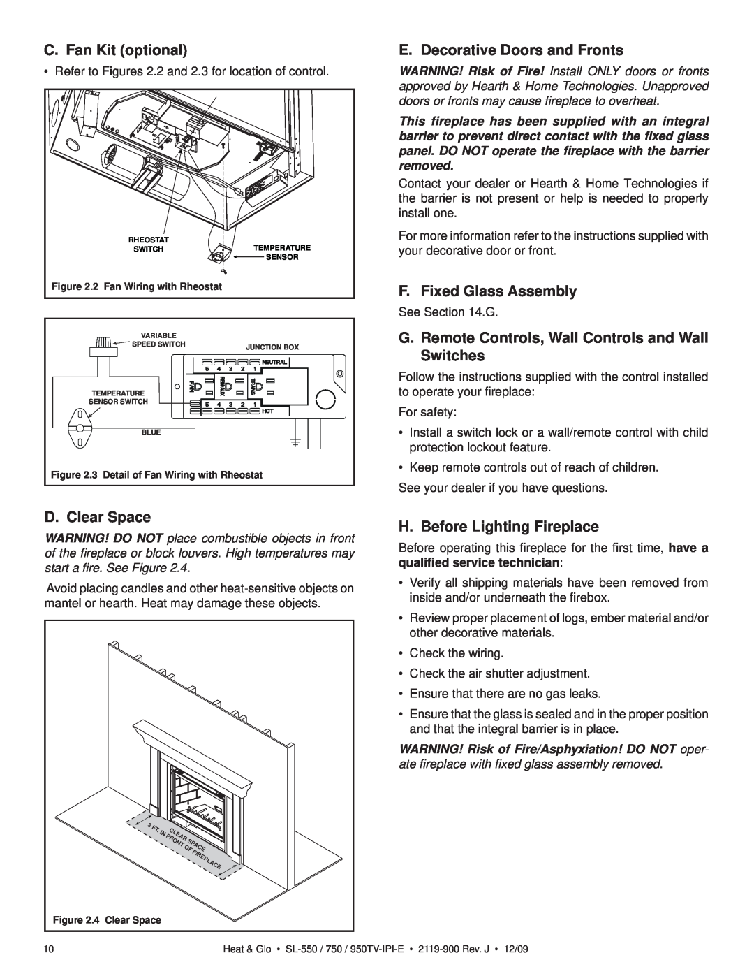 Heat & Glo LifeStyle SL-750TV-IPI-E C. Fan Kit optional, E. Decorative Doors and Fronts, F. Fixed Glass Assembly 