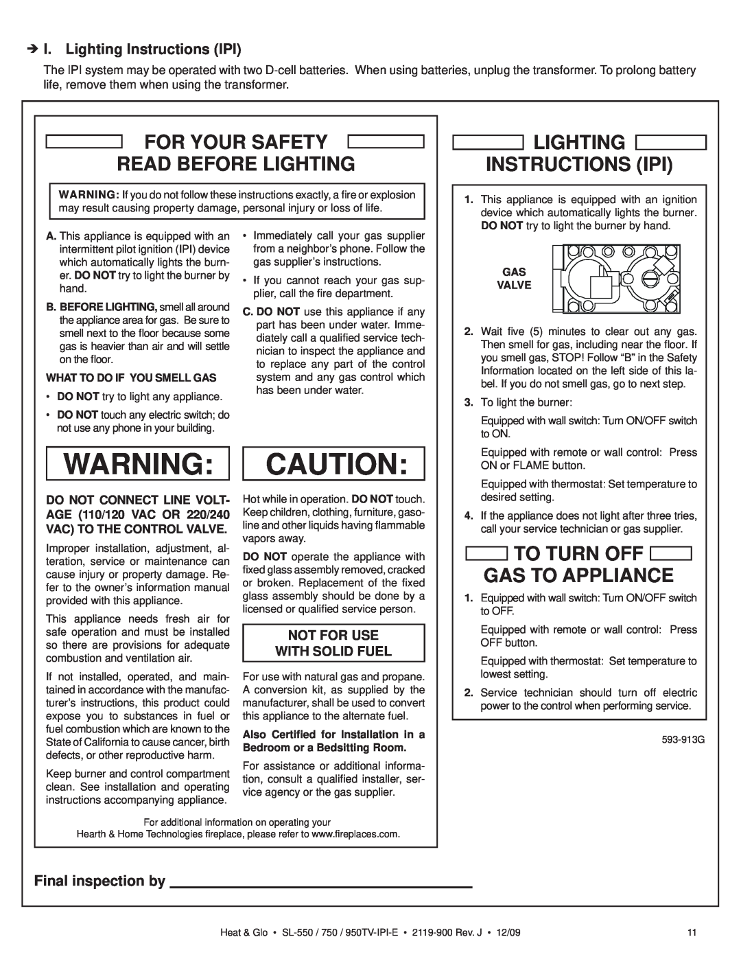 Heat & Glo LifeStyle SL-550TV-IPI-E ÎI. Lighting Instructions IPI, Final inspection by, Lighting Instructions Ipi 