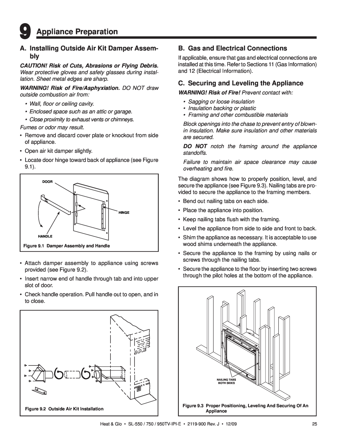 Heat & Glo LifeStyle SL-750TV-IPI-E, SL-950TV-IPI-E Appliance Preparation, A.Installing Outside Air Kit Damper Assem- bly 