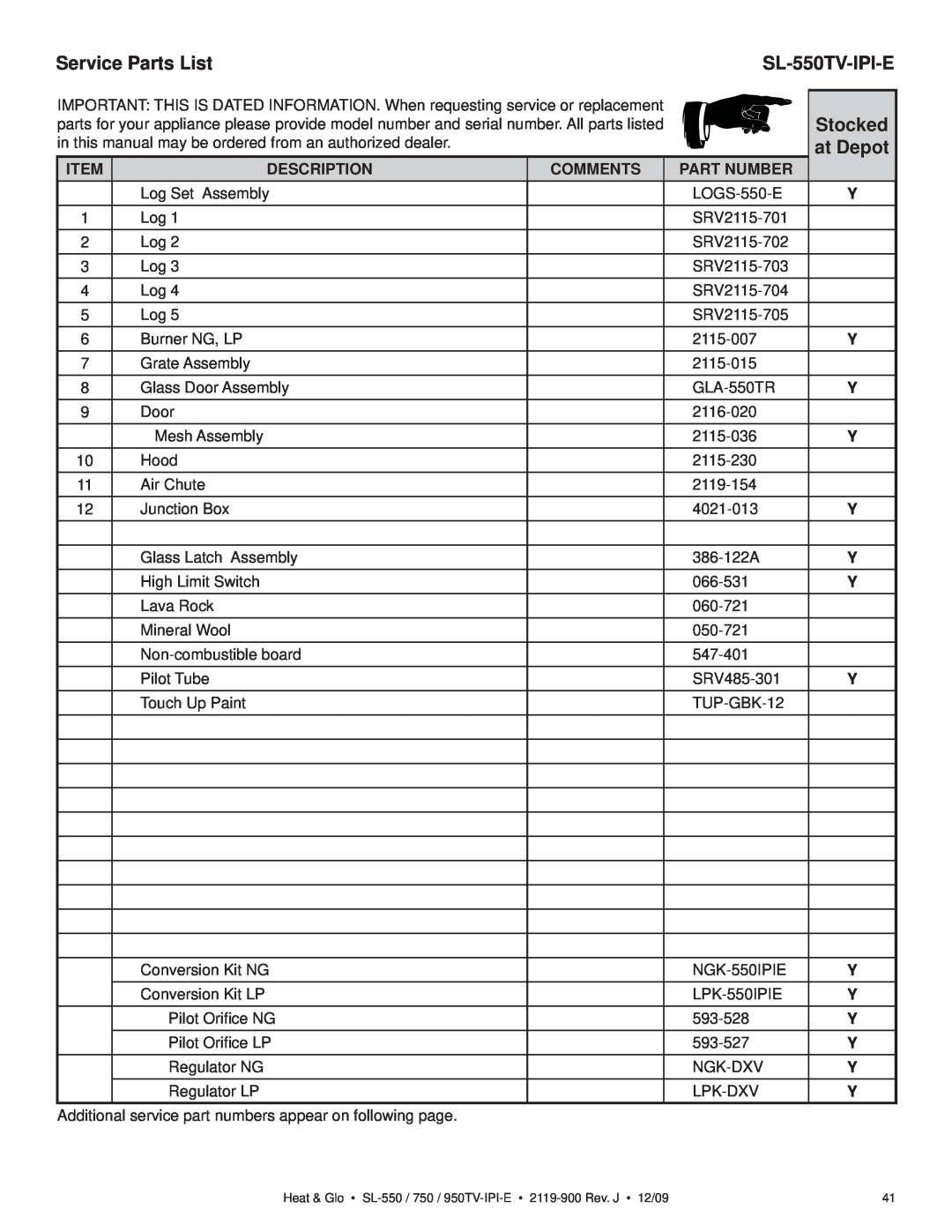 Heat & Glo LifeStyle SL-550TV-IPI-E owner manual Service Parts List, at Depot, Stocked, Description, Comments, Part Number 