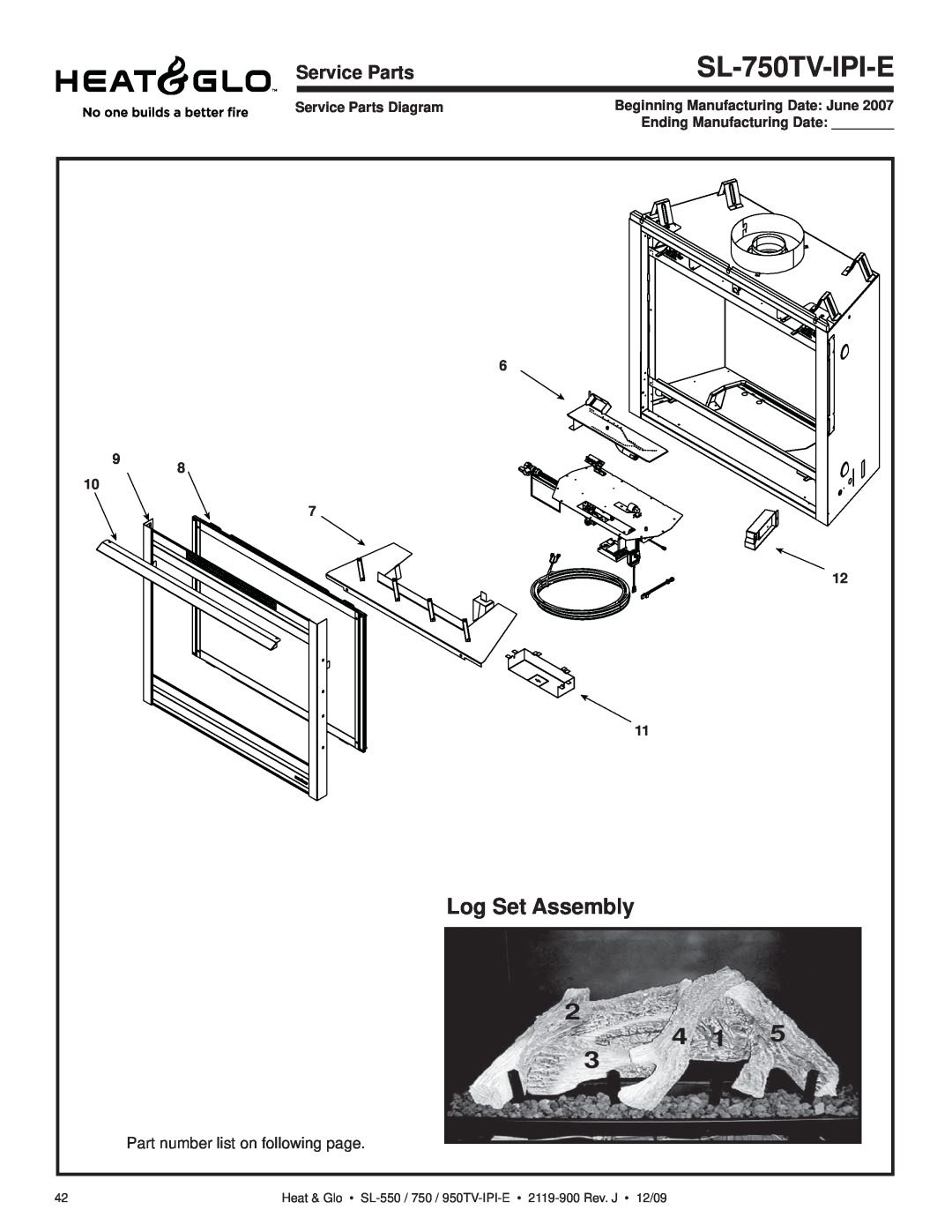 Heat & Glo LifeStyle SL-950TV-IPI-E SL-750TV-IPI-E, Log Set Assembly, Service Parts Diagram, Ending Manufacturing Date 