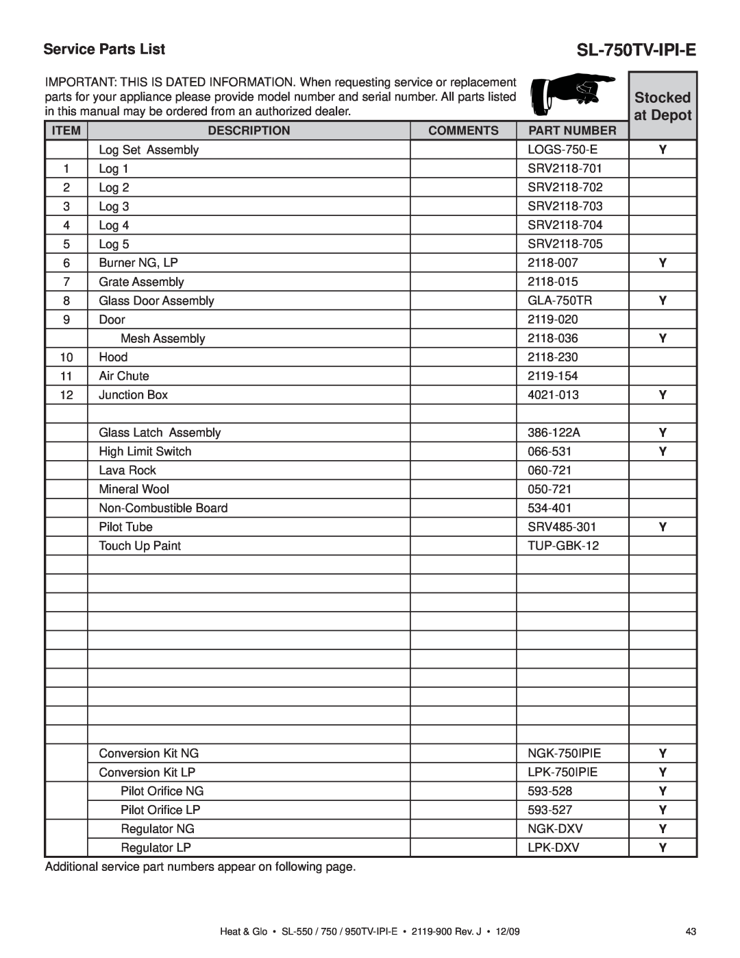 Heat & Glo LifeStyle SL-750TV-IPI-E owner manual Service Parts List, at Depot, Stocked, Description, Comments, Part Number 