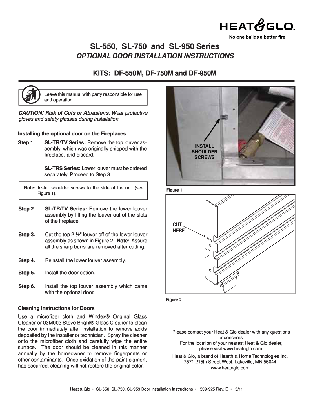 Heat & Glo LifeStyle installation instructions SL-550, SL-750and SL-950Series, Optional Door Installation Instructions 