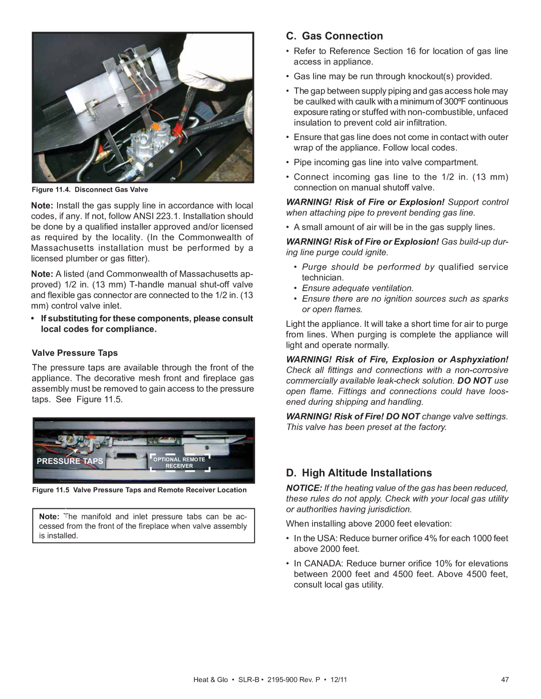 Heat & Glo LifeStyle SLR-B (COSMO) owner manual Gas Connection, Disconnect Gas Valve 