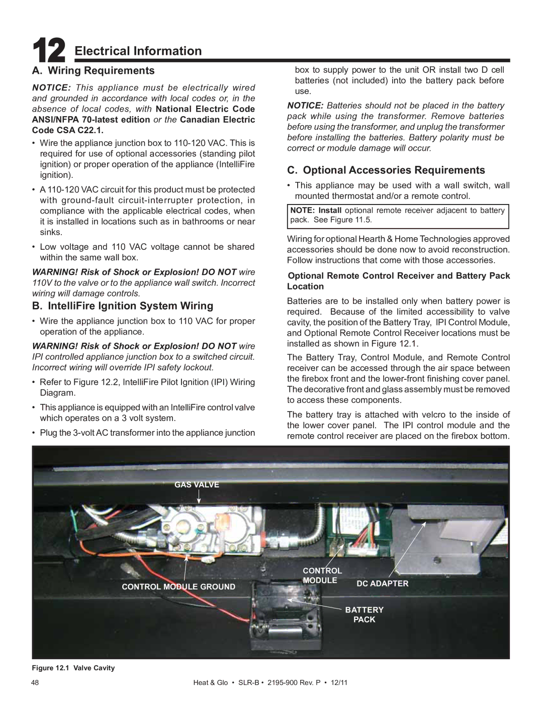 Heat & Glo LifeStyle SLR-B (COSMO) Electrical Information, Wiring Requirements, Optional Accessories Requirements 