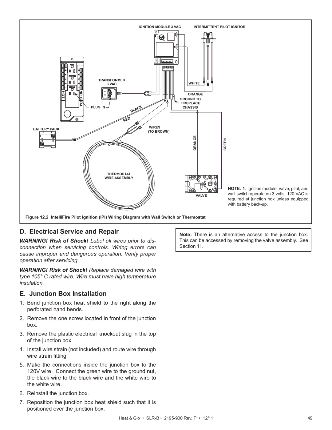 Heat & Glo LifeStyle SLR-B (COSMO) owner manual Electrical Service and Repair Junction Box Installation 