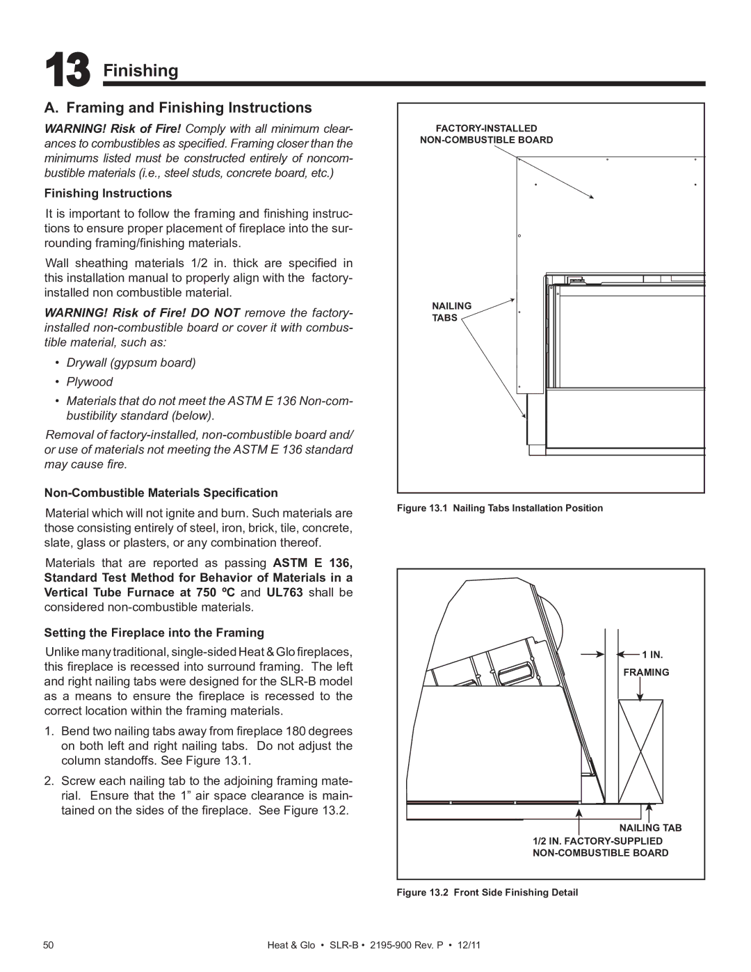 Heat & Glo LifeStyle SLR-B (COSMO) Framing and Finishing Instructions, Non-Combustible Materials Speciﬁcation 