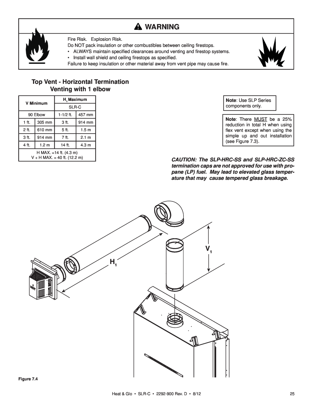 Heat & Glo LifeStyle SLR-C (COSMO) owner manual Top Vent - Horizontal Termination, Venting with 1 elbow 